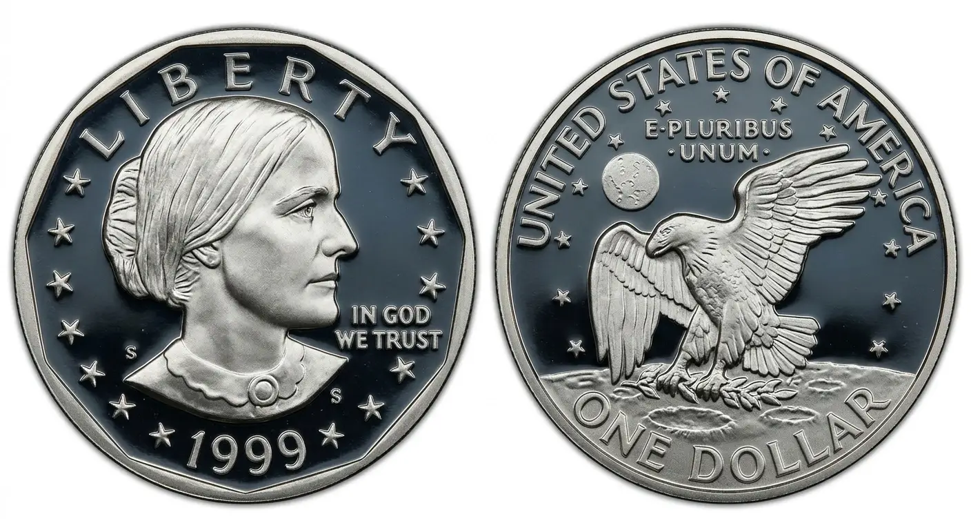 1999 proof silver dollar close-up with mirrored surfaces