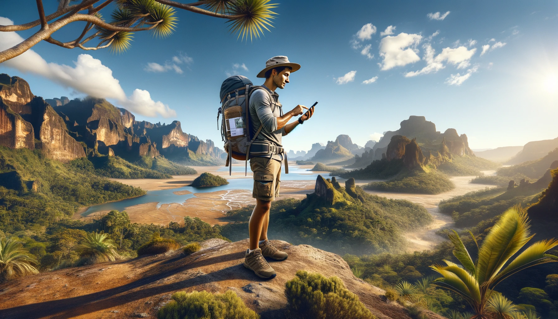 a man hiking in Madagascar, showcasing diverse landscapes such as dense rainforests and arid desert terrains. The man is of medium build, wearing a lightweight hiking outfit, equipped with a backpack and a hat for sun protection. 