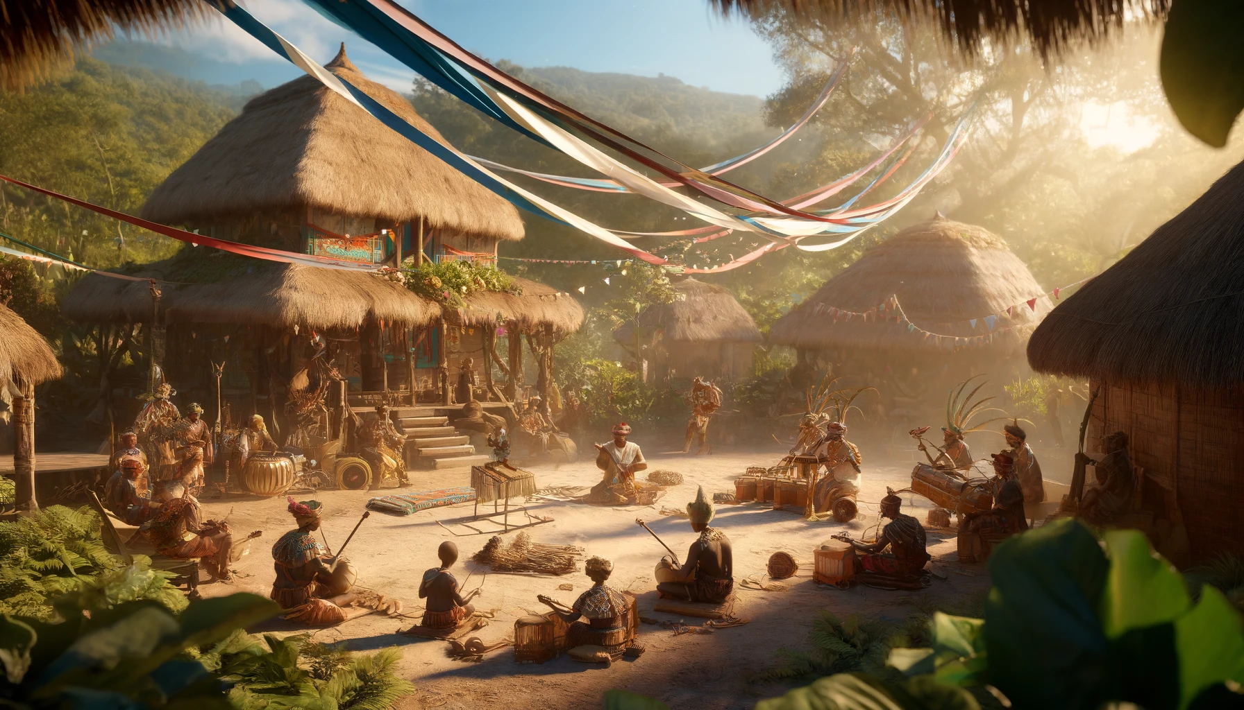 musicians playing traditional Malagasy instruments at a rural festival, surrounded by lush greenery and local decorations.