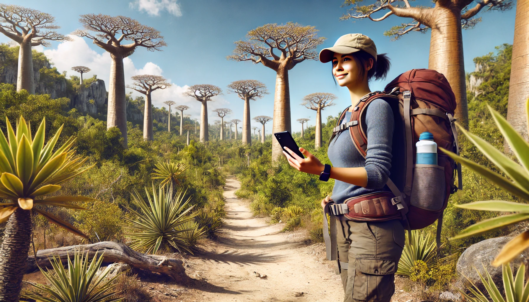 A hiker in Madagascar, dressed in outdoor gear with a backpack, stands on a lush trail surrounded by towering baobab trees, holding her phone and enjoying the bright, sunny day.
