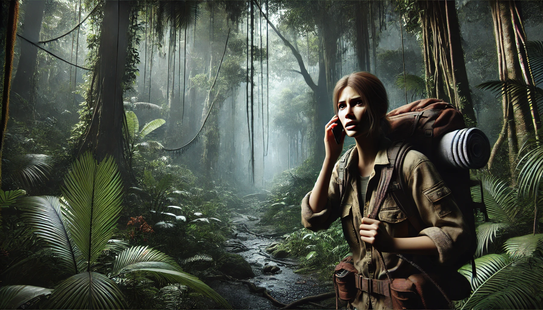 A scared hiker in rugged outdoor gear stands deep in a dimly lit tropical forest, urgently calling someone on her phone amidst dense foliage and towering trees.