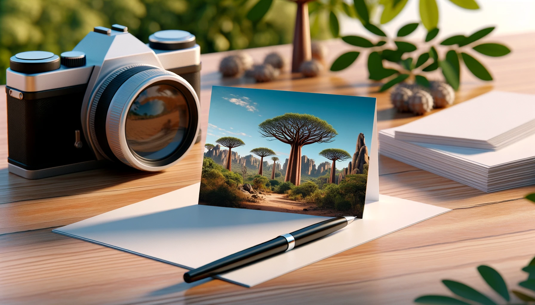 A small photo card featuring a Madagascar landscape sits on a table surrounded by blank sheets of paper and a camera.