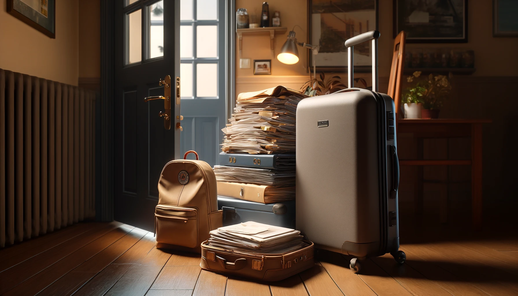 a pile of documents and luggage prepared for travel set in a cozy apartment next to the door.
