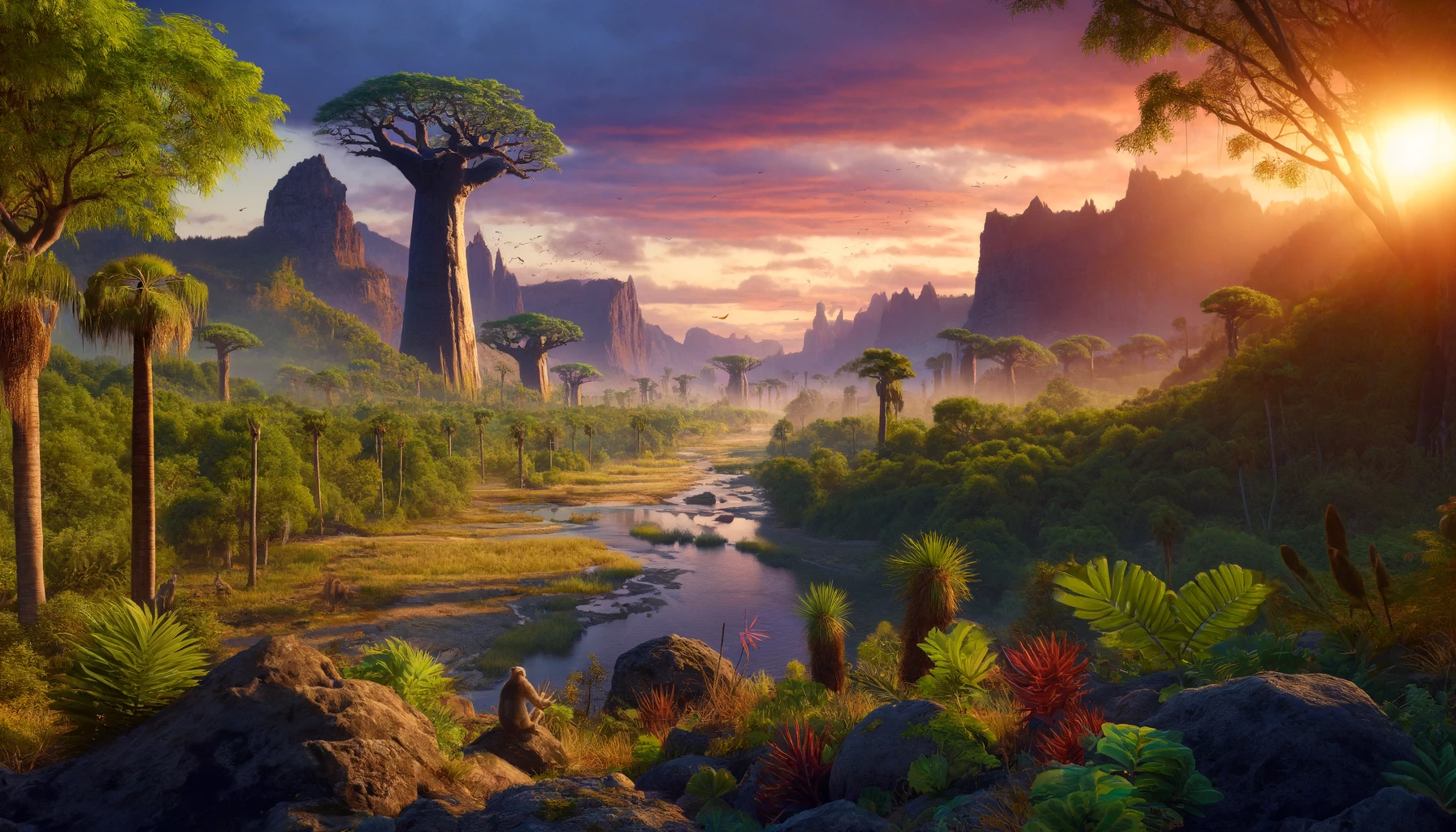 A serene Madagascar landscape featuring dramatic rock formations, lush green hills, dense forests, iconic Baobab trees, and a winding river under a vibrant sunset sky.