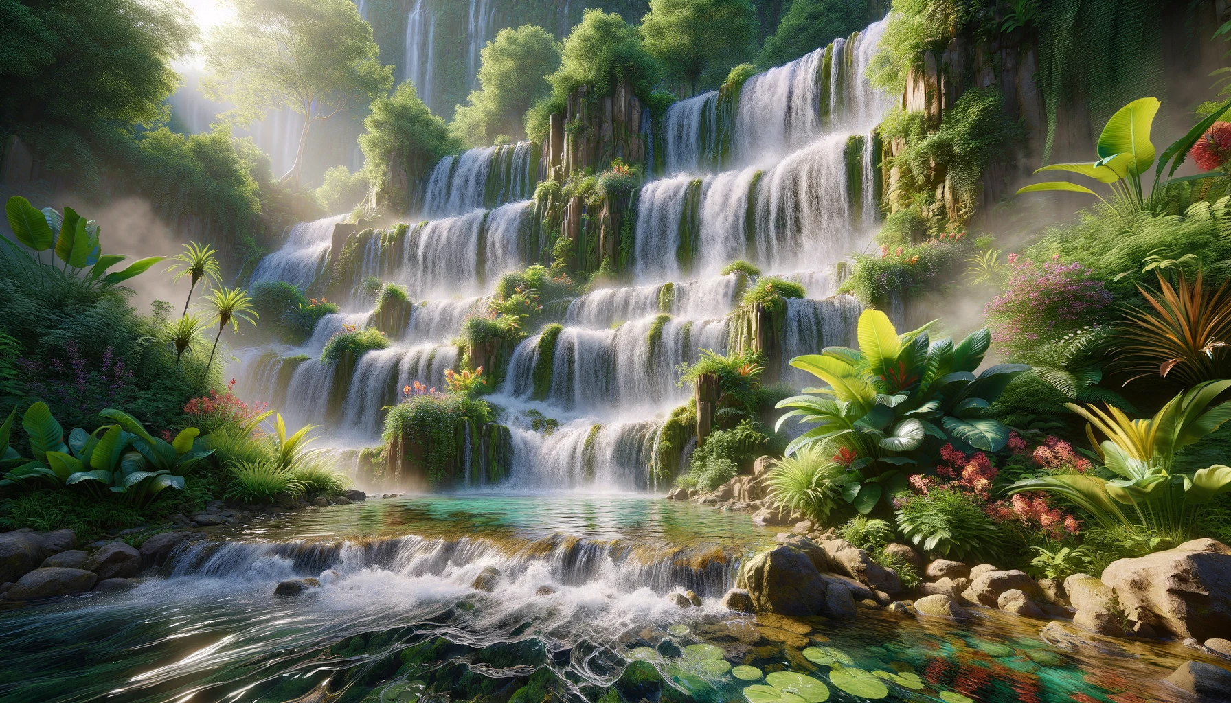 A close-up view of a Madagascar waterfall, with cascading water flowing over rugged rocks into a clear pool, surrounded by lush green foliage and vibrant rainforest plants.