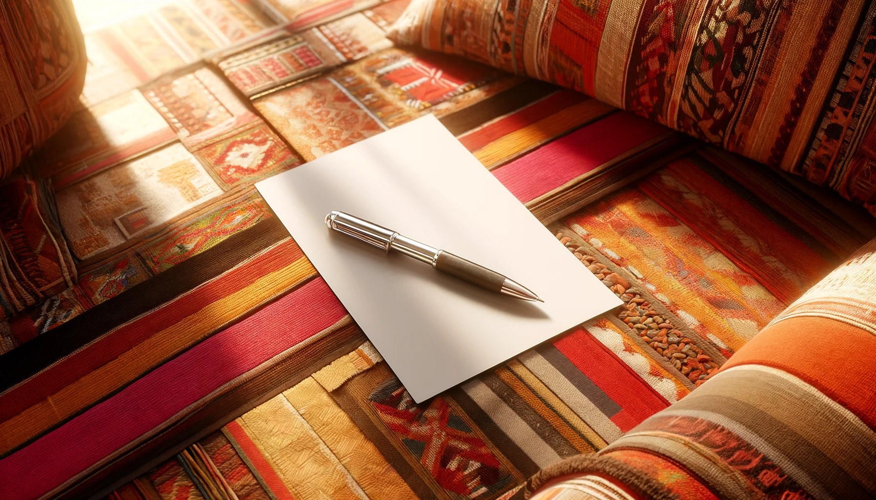 A blank sheet of paper and a pen rest on a vibrant woven mat with intricate patterns, set against a wooden background typical of traditional Madagascarian craftwork.