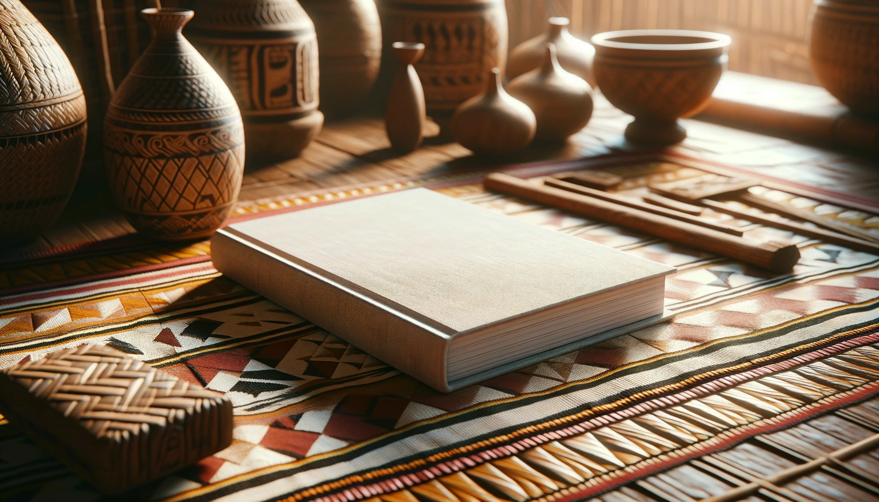 A plain closed book rests on a vibrant woven mat with traditional Malagasy patterns, surrounded by intricately carved wooden artifacts and pottery, illuminated by warm natural light.