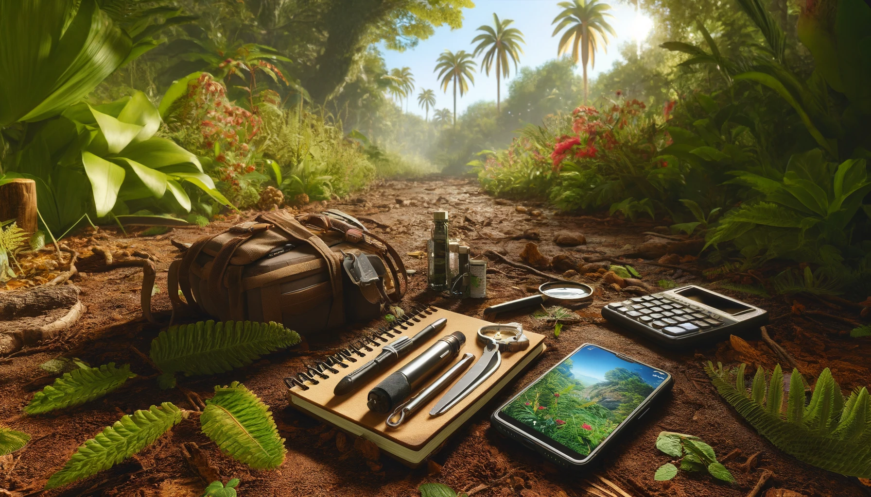 tools for exploring Madagascar's flora, including a smartphone, field notebook, magnifying glass, pocket knife, plant identification guides, and GPS device, lying on soil and scattered leaves amid lush tropical vegetation.