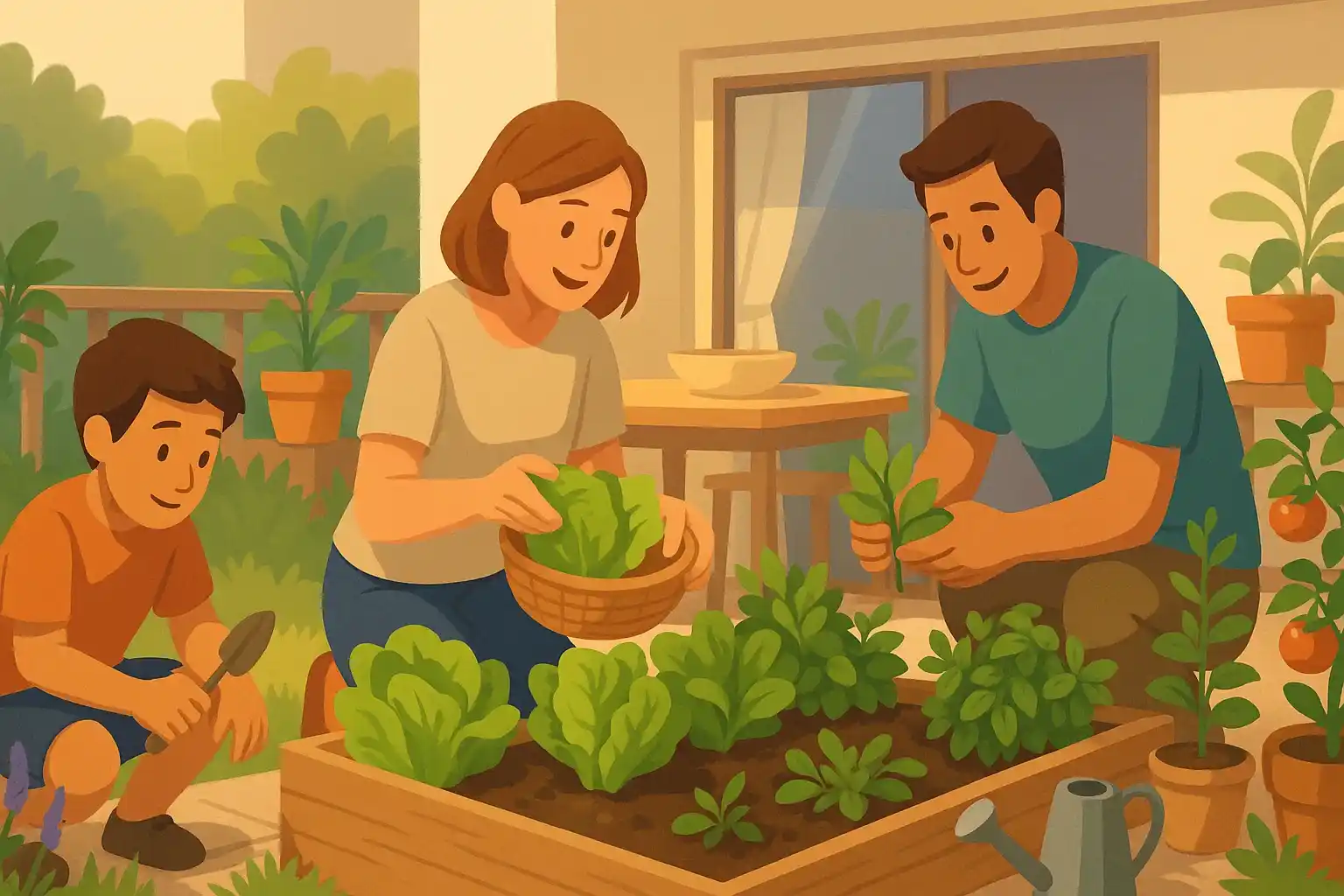 A family harvesting lettuce for dinner on their patio.