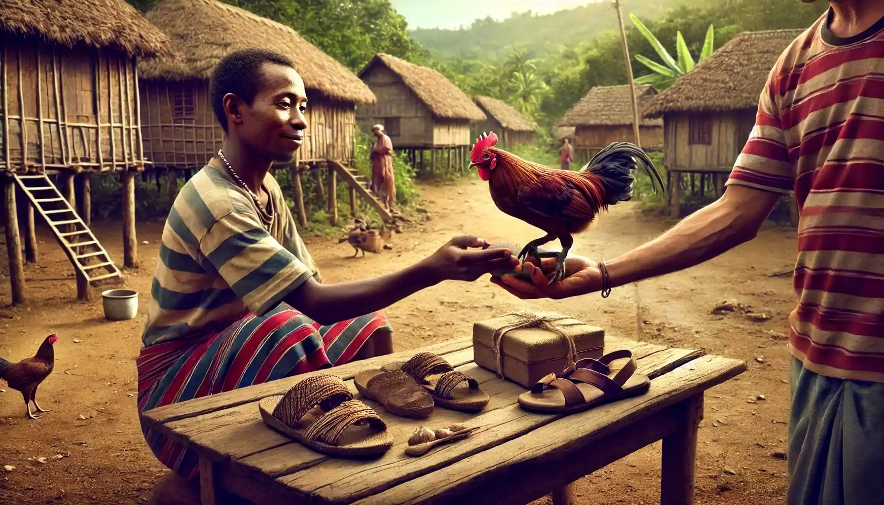 Two local Malagasy villagers are engaged in a barter exchange. One villager is handing over a live chicken, while the other is giving a pair of handmade sandals in return.