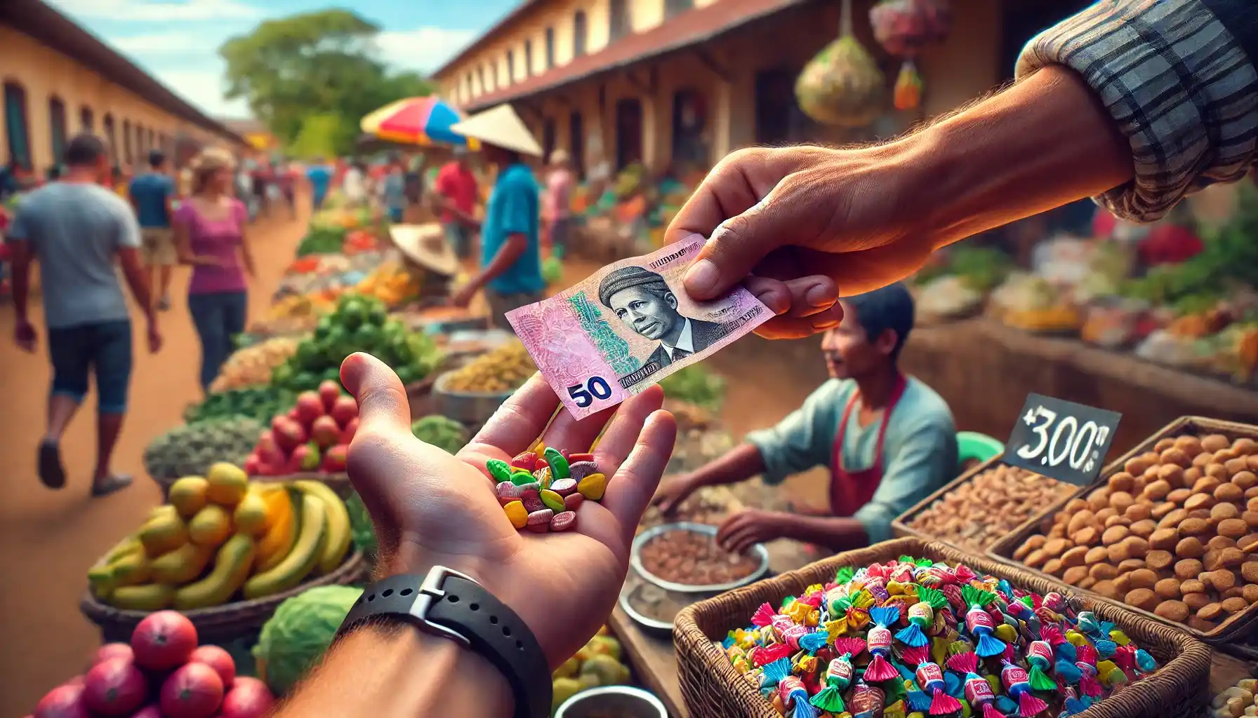 A transaction at a market in Madagascar. A tourist gave a local ariary banknote to a vendor, and in return he received a handful of small colorful candies as change due to the lack of coins.