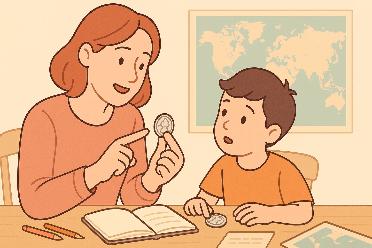 A parent explains coin design details to a child.